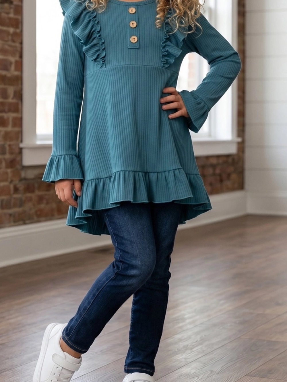 Girls' Teal Ruffle Tunic Top with Button Detail